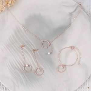 Rose Gold Faux Pearl Jewelry Set with Necklace, Earrings & Bracelet